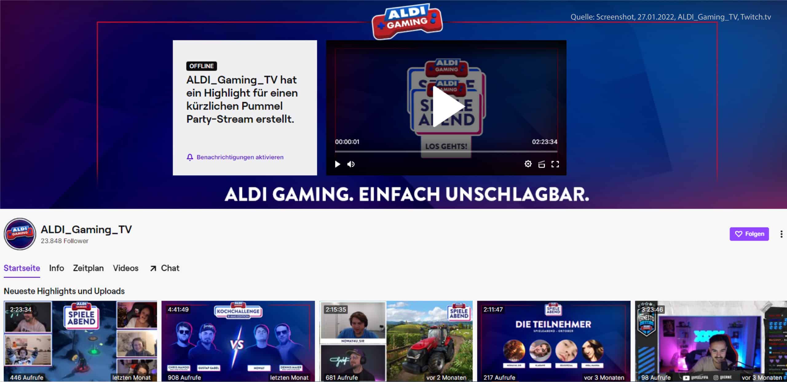 Aldi Gaming Kanal auf Twitch